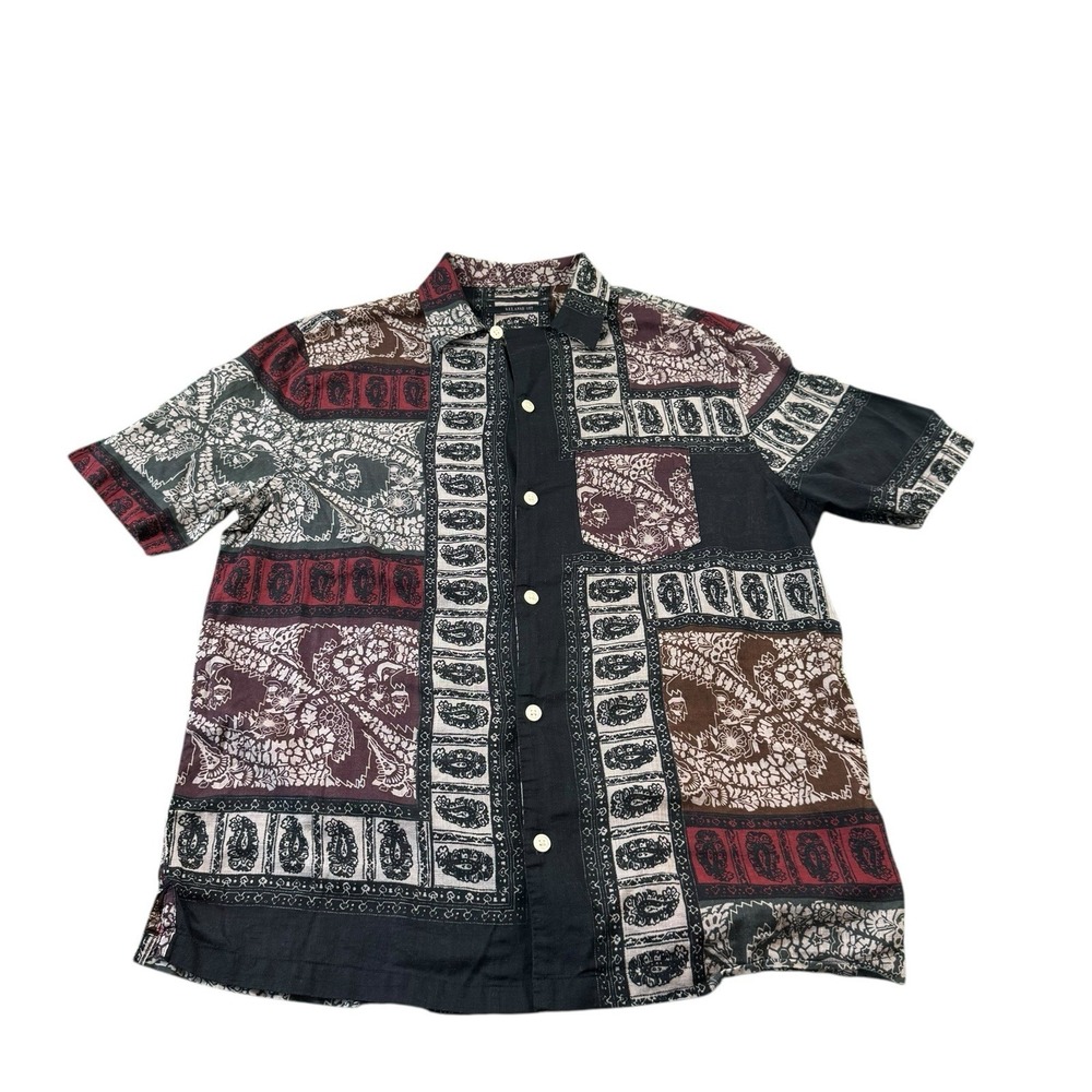 Allsaints Red‎ Black Paisley Cotton S/S Loop Collar Button Front Size Small